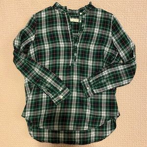 LOFT plaid button up blouse with ruffle collar